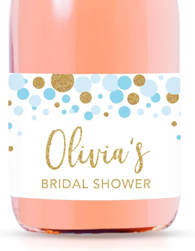 Andaz Press Personalized Mini Champagne Wine Bottle Labels, Olivia's Bridal Shower, Date, Baby Blue Faux Gold Glitter Confetti Dots, 20-Pack, Custom Party Favor Gift Label Stickers