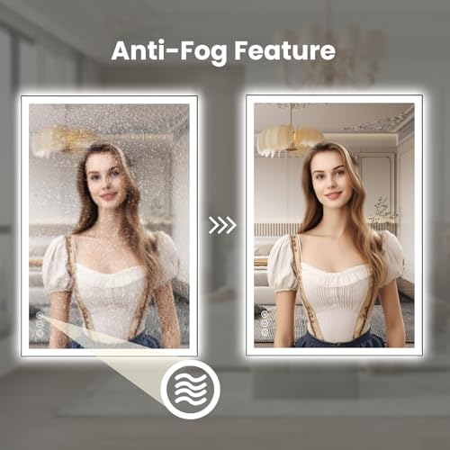 Image of WTTY 24 inchX32 inch LED Bathroom Mirror with Black Frame, Bathroom Vanity Mirror with Lights for Wall, Front Light and Backlit, Anti-Fog, Dimmable, 3 Colors, Shatterproof, Memory, Horizontal /Vertical