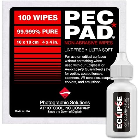 Eclipse Optic Cleaning Fluid and PEC-PAD Lint Free Wipes - Critical Optic Cleaning Solution - Non-Abrasive Cleaning Wipes for Sensitive Glass - Cleaning Kit - Dropper Tip (15ml) 0.5oz Cover
