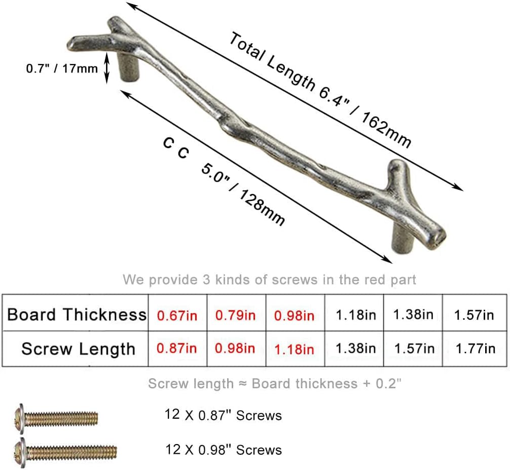 Branch Knob 6pcs Bronze Vintage Tree Twig Branch Cabinet Knobs Pull Handles with 2 Sizes Screws,Zinc Alloy Drawer Handle for Mountain House (Length 6.4"/Hole Distance 5", Antique Silver)