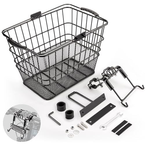 PINNAMAX Vordere Fahrradkorb mit Griff – Abnehmbarer Fahrradkorb für Einkäufe, Pendeln, Shopping – Robuster Drahtkorb mit Montagekit für Beach Cruiser & Citybike