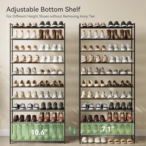 Image of Nunsino Shoe Rack for Closet, Metal Shoe Organizer, 10 Tier Garage Shoe Rack Max Holds 50 Pairs,Shoe Storage Shelf,Entryway, Black