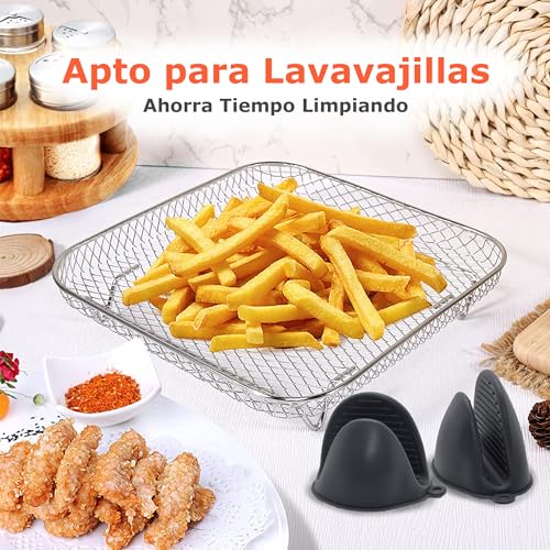 FRYUP® Rejilla Air Fryer [21x21cm] [3 Unidades + 2 Guantes Silicona] - Compatible con COSORI [5,5L, 6L, 6,4L]- Rejilla para Freidora de Aire - Accesorios Freidora de Aire Cuadrada Sin Aceite