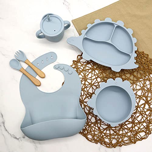 Baby Feeding Gift Set, Non-Toxic Bpa Free Silicone: Bib, Divided Suction Plate & Suction Bowl, Sippy Cup, & Beech Wood Spoon & Fork, Dinosaur Themed (Dusty Blue) #TOP4