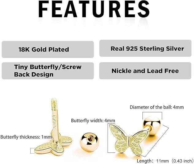 925 Sterling Silver Hypoallergenic Screw Back Cute Butterfly Stud Earrings for Women - Image 4