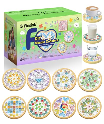 Finsink 8 Kit Mosaïque Adulte DIY Bois Dessous de Verre en Mosaïque Kit Loisirs Créatif Convient comme cadeau d'anniversaire pour les enfants de 5 ans et...