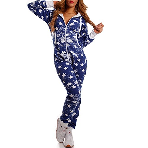 Crazy Age Kuscheliger Jumpsuit Sweat Overall Ganzkörperanzug mit Renntier- Eiskristalle Motive CA-J-603 Relaxen Chillen (Royalblau (Star), S)