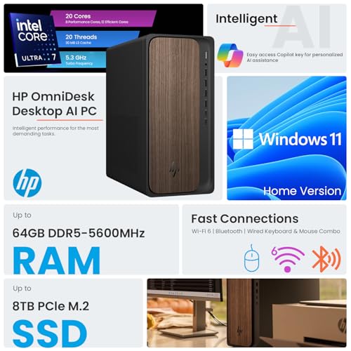 Image of HP OmniDesk M03 Business Desktop PC, Intel Core Ultra 7 265, 32GB DDR5 RAM, 1TB SSD, 4-Monitor Support 4K, Wired KB & Mouse, Wi-Fi 6, Win11 Pro, Black, 64GB Flash Drive Bundle