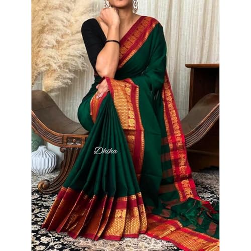 Image of Narayanpet Pure Cotton Avani Border Saree for Women with Running Blouse | Tassels | Traditional Woven Solid Design | Handloom Weave