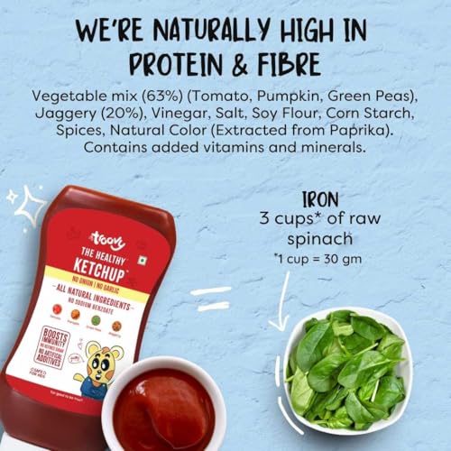 Image of Troovy Healthy Tomato Ketchup | No Onion and No Garlic | No Processed Sugar (uses Jaggery) | 100% Chemical Free | No Preservatives | No MSG | No Sodium Benzoate | All Natural Ingredients | Contains Minerals like Iron | Tastes like Regular Tomato Ketchup | Pack of 2