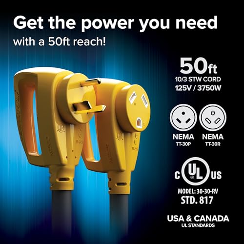image for Camco PowerGrip 50-Ft 30-Amp Camper/RV Extension Cord - Standard 30-Am