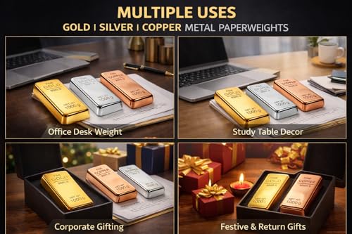 Image of ZAHEPA Realistic Metal Gold, Copper & Silver Bar Paperweight for Office Table, Fake Biscuit Paper Weight Table Decoration, Prop for Jewellery Shop & Heist Theme, Gift for Home & Office (Pack of 3)