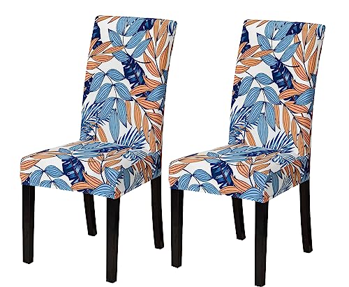 Image of House of Quirk Elastic Chair Cover Stretch Removable Washable Short Dining Chair Cover Protector Seat Slipcover (Pack of 2, Blue /Orange Leaf)
