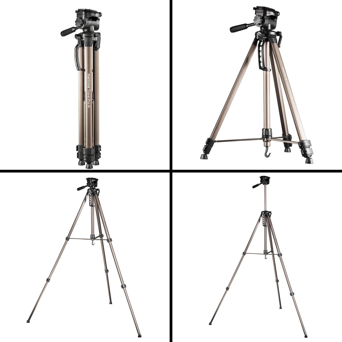 Mantona Basic Travel Pro III - Treppiede grande e leggero in alluminio a tre zampe con piastra a sgancio rapido, altezza 55-146 cm, portata 3 kg, leggero 1,07 kg, bronzo con custodia