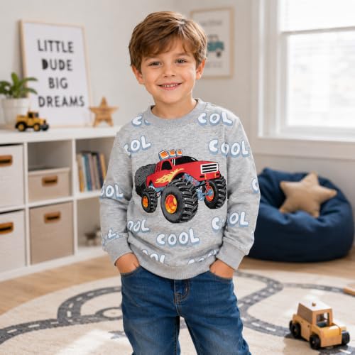 Image of Akyzic Toddler Boys Sweatshirts Cotton Crewneck Truck Shirt Dinosaur Long Sleeve Pullover Tops Tees 2-8T