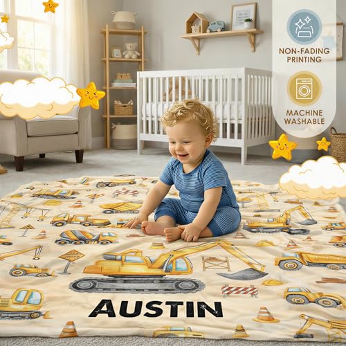 Image of Personalized Baby Blanket with Name, Custom Name Blanket for Kids Soft Flanne Blankets in Easter Personalized Baby Gifts for Infant Newborn Shower (Excavator)