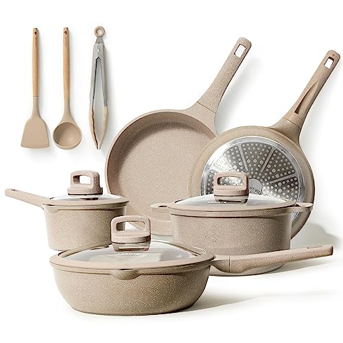 CAROTE Lot de 8 Casseroles et Poêles Induction Marron – Revêtement Pierre Antiadhésif,...