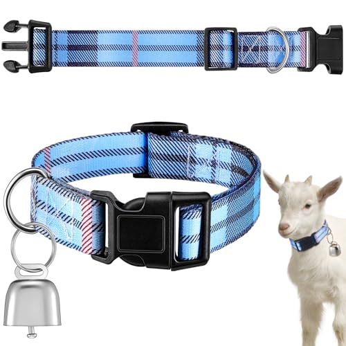 Image of Goat Collar with Bell, Sheep Grazing Copper Bells and Adjustable Nylon Collar Set Loud Bronze Bell for Summer Small Farm Animal Sheep Cow Dog Accessories Gift(Blue Stripes)