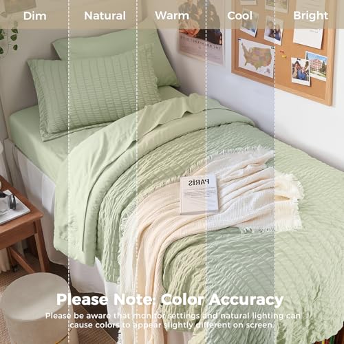 Image of HYMOKEGE Light Green Twin XL Comforter Set Seersucker 5 Pieces, All Season Luxury Bed in a Bag for Bedroom, Bedding Set with Comforter, Sheets, Pillowcase & Sham
