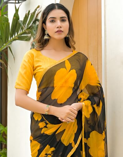 Image of SIRIL Women's Chiffon Printed Saree with Unstitched Blouse Piece