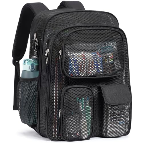 PACKISM Mesh Backpack for School - 18 Inch Extra Large Heavy Duty Mesh Bookbag for Boys Girls See Through School Backpack with 3 Front Pockets for Students Black (Age 12+)
