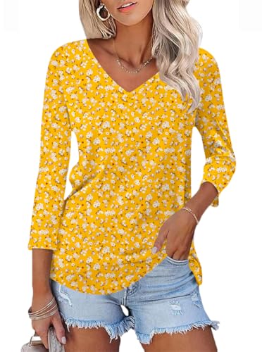 Poetsky レディース 3/4スリーブ Vネック Tシャツ 夏 カジュアル トップス ベーシックTシャツ, イエローフローラル, Smallの商品画像（Amazon）