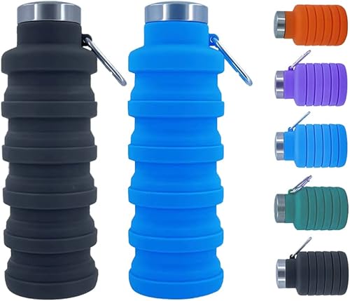 Botellas de agua plegables, paquete de 2 botellas de agua de silicona de viaje sin BPA con mosquetón, 17 onzas, reutilizable, plegable, ligera,