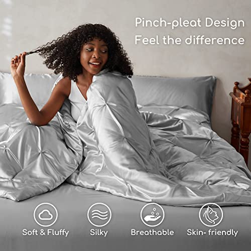 MR&HM Satin Comforter Full 7 Pieces - Luxurious Pinch Pleat Bedding Set with Comforter, Flat Sheet, Fitted Sheet, Pillowcases & Shams, Super Silky Soft Bed Set for All Season (Full, Silver Grey)