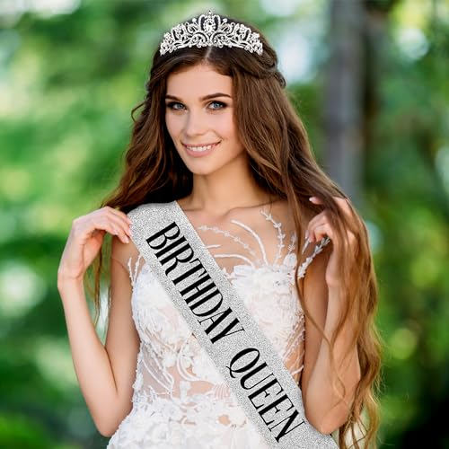 Image of Fesciory Birthday Crown for Women, Gold Plated Crystal Tiara with Sash | Sparkling Princess Queen Tiara, Adult Fit, Birthday, Wedding, Prom, Coming of Age Gifts & Halloween Costume Accessories