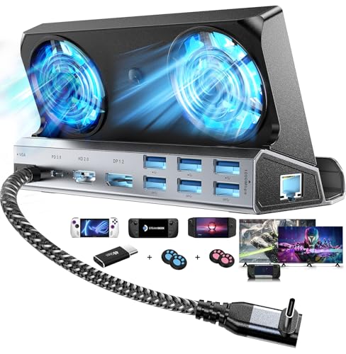 YCE 14 in 1 Steam Deck Docking Station Dual Cooling Fans with HDMI 2.0,6 USB Ports,Gigabit Ethernet,Type C 100W PD,DP1.2,VGA 40Gbps Adapter for Steam Deck/Rog Ally/Switch/Legion Go