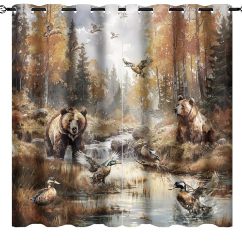 Cabin Fall Forest Bear Blackout Curtains Thermal Insulated Rustic Vintage Farmhouse Autumn Woodland Wildlife Pheasants Print Curtains Drapes for Room Darkening Grommet Window 2 Panels 84"L x 42"W
