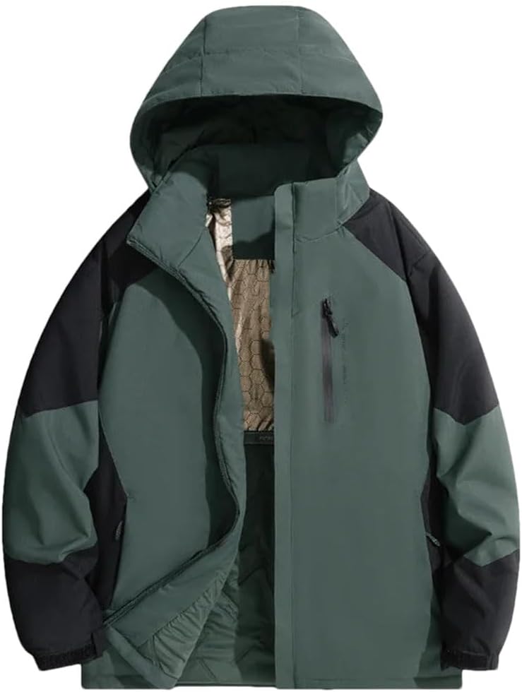 Vsadsau Men Outdoor Zip Up Jacket Casual Thick Pocket Warm Parka Hiking Ski Hooded Outerwear
