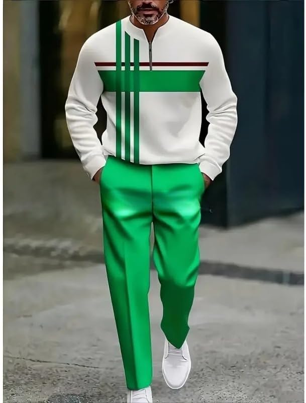 Men's color blocked half zipper pullover sportswear set, casual printed shirt and jogging pants two-piece set