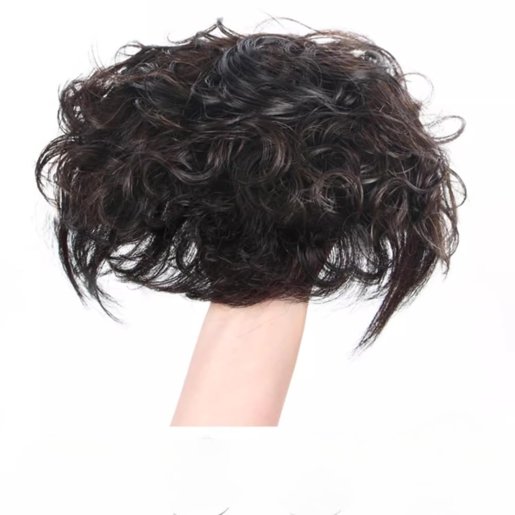 6.2×7inch clip in top wavy hairpiece toppers Short Curly Human Hair Topper with Front Bangs for Women thin hair (Dark brown)