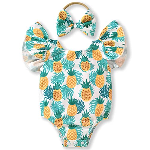 Hiha Baby Swimsuit Girl Infant Bathing Suit Ruffle Summer One Piece Swimwear Sunsuit Pineapple Cartoon Pattern 6-12 Months #TOP13
