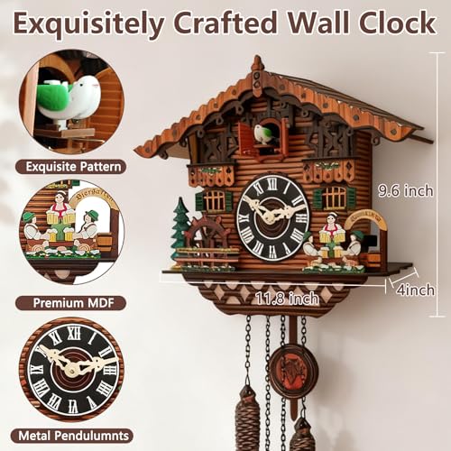 YUZINO Kuckucksuhr Handgefertigte Kuckucksuhr aus Holz mit funktionierenden Vogel Wanduhr mit Lautstärkeregler Traditionelle Antik Quarz Wanduhr Wohnzimmer Küche Cafe Büro Dekoration (RC-02)
