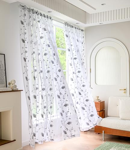 Image of Sheer Curtains White-Grey 45 Inch Embroidered Floral, Rod Pocket Voile Drapes for Living room, Bedroom, Window Treatments Semi Crinkle Curtain Panels for Yard, Patio, Villa, Parlor, Set of 2, 52 inchx 45 inch