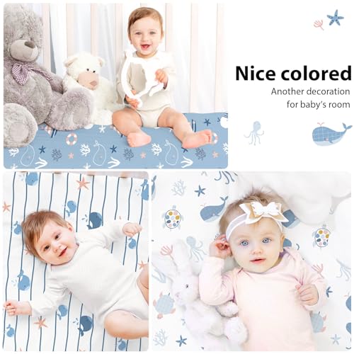 Image of Baby Crib Sheets for Boys and Girls, 3 Pack Toddler Bed Sheets for 52 inchx28 inch Standard Toddler Mattresses, Soft Microfiber Fitted Crib Sheets Neutral Blue Ocean Whale