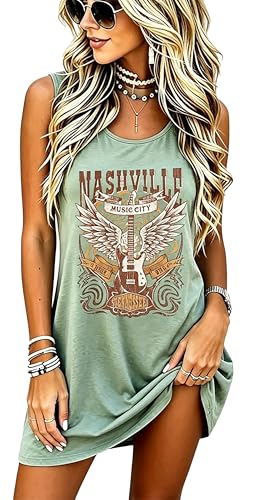 Image of Nashville Sundresses Women Summer Rock Band Sun Dresses Vintage Country Concert Tank Dress Country Music Shirt Dress(X-Large,Green-1)