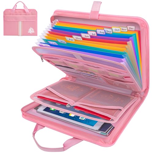 baleine fireproof document organizer with handle 12 pockets pvc accordion file organizer with labels waterproof fireproof document bag for a4letter files in travel office home pink