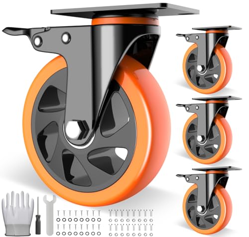 5 inch Casters Wheels, Heavy Duty Casters Set of 4 Load 2400lbs with Brake, Locking Swivel Plate Caster, Industrial Castor Wheels for Carts,Furniture and Workbench(Free Screws and Spanner)