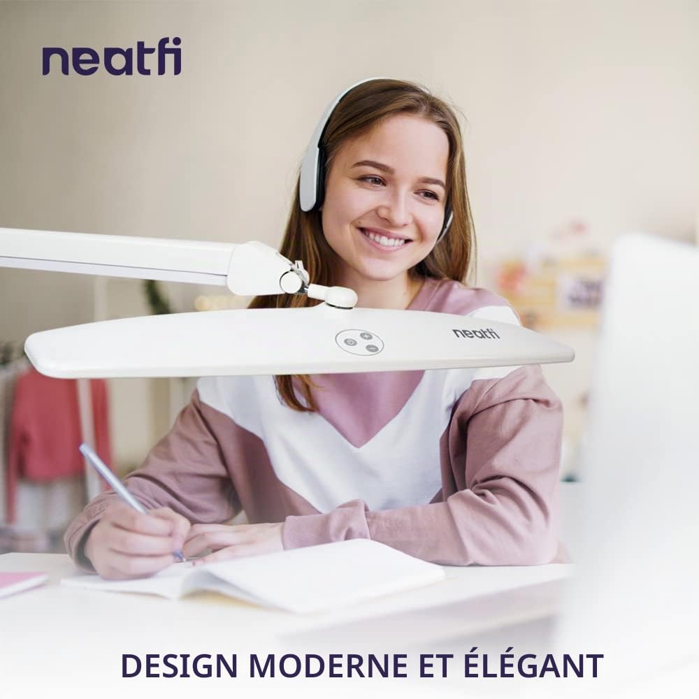 Neatfi Elite HD XL Lampe de Bureau – 1 600 Lumens, Lumière du Jour 6500K | Gradation Continue Sans Palier, Réglable | Bureau, Étude & Espace de Travail à Domicile (Blanc, Non-CCT avec Pince 58 CM)