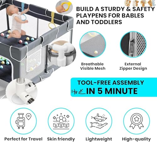 Laufgitter baby Laufstall mit Spielmatte Schaumstoffschutz, Rutschfester, Transparentes Atmungsaktives Netz mit Rundem Reißverschlusstür Babys Zaun für Innen & Außen