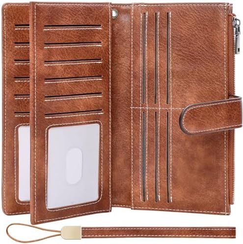 Womens Wallet RFID Blocking Large Capacity Credit Card Holder Long Purses for Women with Wristlet Pocket ID Window