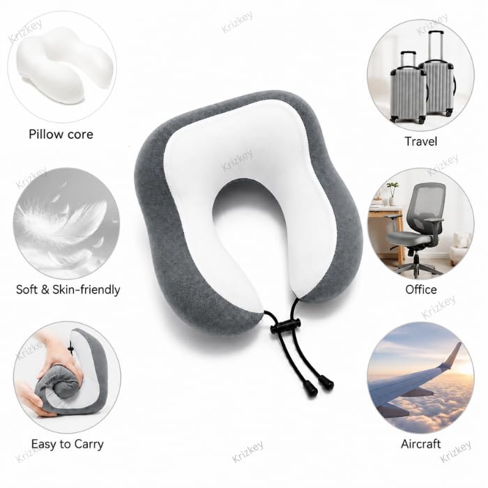 Image of Memory Foam Travel Neck Pillow with Portable Storage Case | Soft U-Shaped Neck Support Cushion for Airplane, Car, Train & Office | Lightweight Ergonomic Travel Pillow (Grey)