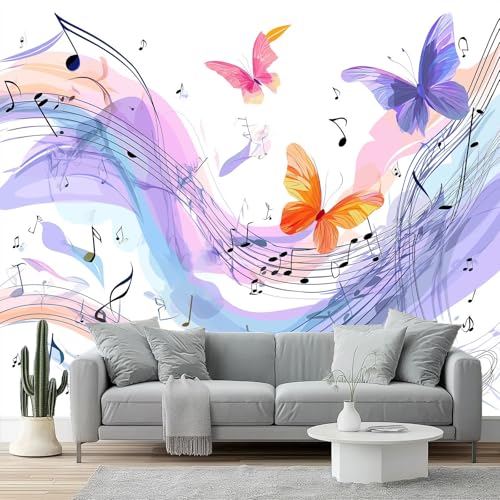 Papel pintado Música, mariposa, arte romántico Papel pintado tejido no tejido 400 x 280 cm decoración Pared decorativos Tv Fondo Pared Dormitorio Murales Papel Tapiz Moderno Rosa púrpura
