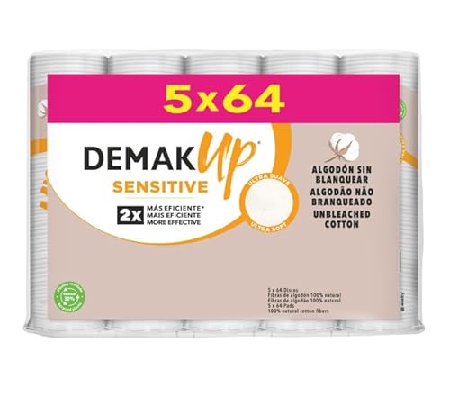 Demak'Up Sensitive Round Cotton Pads for Make-up Remover - Face and Eyes - 100% Natural Cotton Fibers - 320 Cotton Pads (5 x 64)