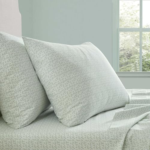 Image of Martha Stewart - Queen Size Sheets Set, Crisp & Tailored Cooling Sheets w /a Naturally Smooth Cotton Percale Lightweight Feel - Bed Sheets with Matching Pillowcases & Fitted Sheet (Leaves Green)