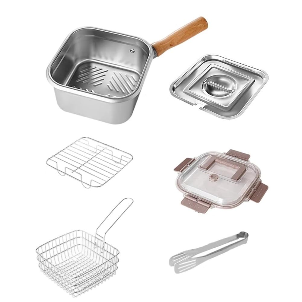 CTRLZS Fryer Pot Oil-Saving Square Stainless Steel Frying Pan with Basket Handle for Kitchen Versatile Deep Fryer with Lid