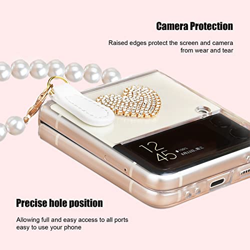For Galaxy Z Flip 4 Case - Cute Flip Phone Cases With Pearl Strap Love Heart Clear Case For Samsung Z Flip 4 Case 5G Shockproof Protective Cover #TOP1